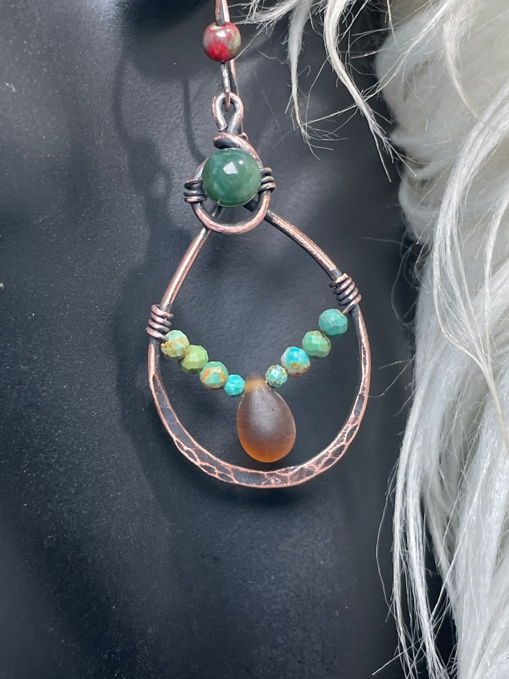 Artisan Made Copper drop Earrings with Moss Agate and Turquoise - Picture 7 of 13